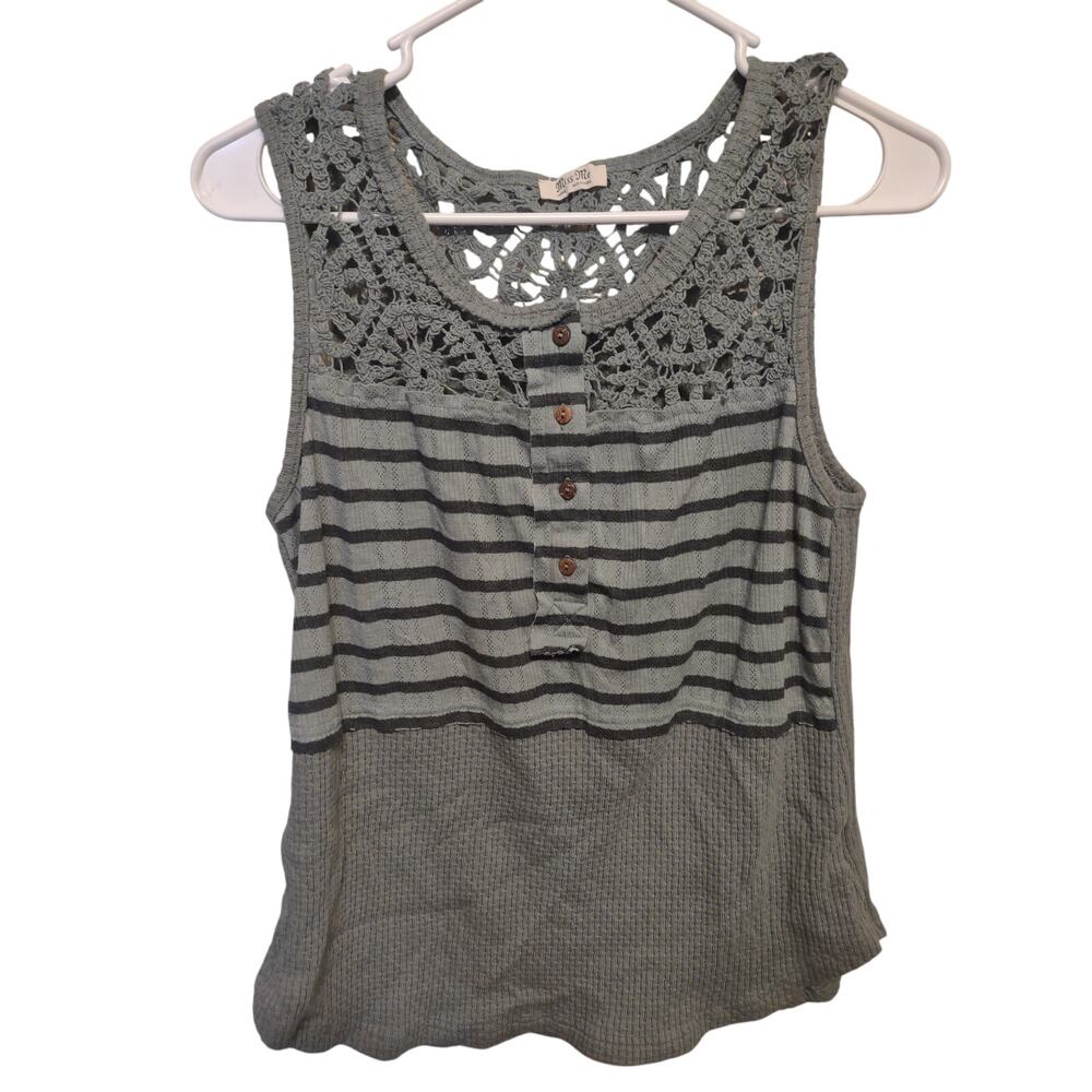Miss Me Green Striped Crochet Yoke Tank